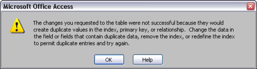 The error message Access displays when attempting to save a record with a duplicate primary key value entered into the new record. Use an AutoNumber field as your primary key to avoid this error.